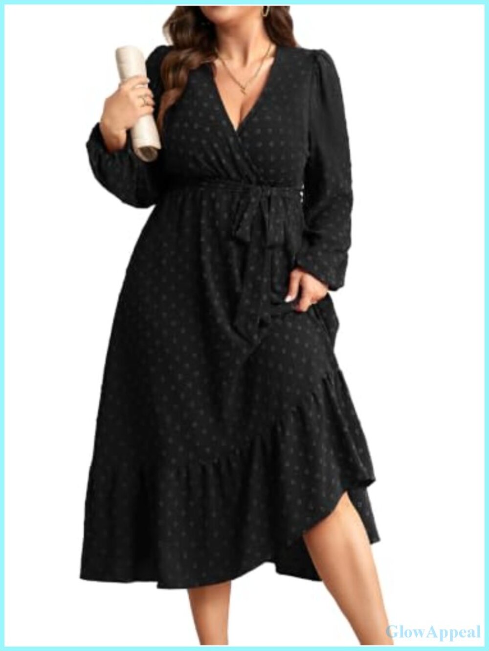 Plus Size Wrap V-Neck Long Sleeve Swiss Dot Midi Dress with Belt and Pockets
